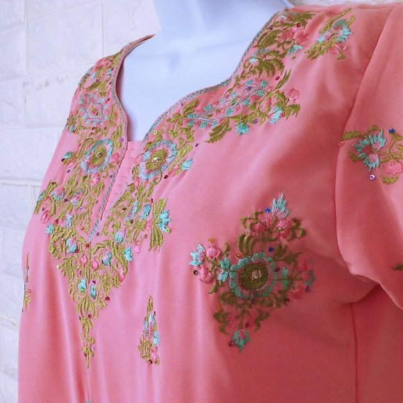 Vintage Kurta Sari Tunic Top sz-42 (M/L) Sheer Embellished Bling Glam Slits Pink - Picture 5 of 10